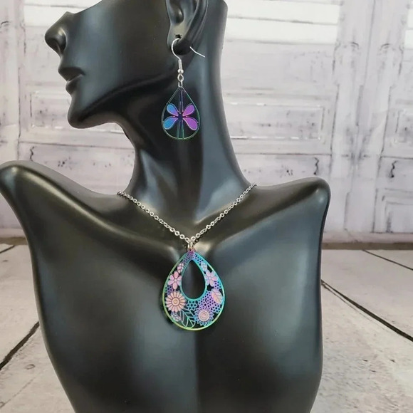 Iridescent Flower Earrings with Floral Teardrop Necklace Set - Picture 10 of 12